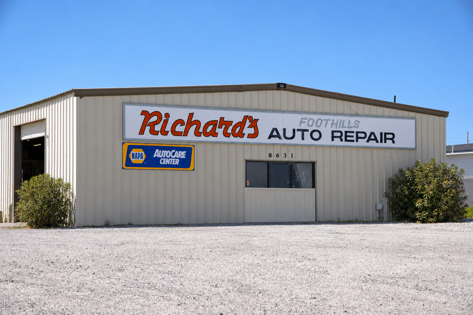 Richard's Foothills Auto Repair shop front with signage and NAPA AutoCare Center badge